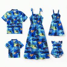 Matching Family Hawaiian Outfits Tropical Blue Palm Tree Print Shirt / Dress Summer Beach Vacation Coordinated Outfit Set - Màu xanh lam - Xem 3