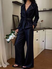 DAZY 女士翻领夹克和宽松牛仔裤套装 - 藍色 - 查看 6