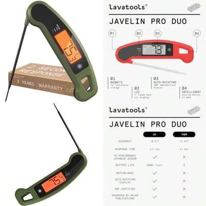 Termómetro digital profesional de lectura instantánea Lavatools Javelin® PRO Duo, ultra rápido de 2 segundos, para parrilla y cocina, pantalla retroiluminada de rotación automática, resistente al agua IP65 - (Oliva)