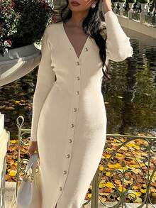 Yuwenier Elegant V-Neckline Long Sleeve Slim-Fit Rib-Knit Gray Long Knit Sweater Dress Button Front Regular Hem Autumn/Winter For Everyday Casual Wear - Apricot - View 4