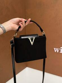 Fashionable Mini Solid Color Minimalist Metal Lock Decor PU Fabric Multipurpose Handbag - Black - View 2