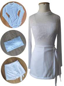 Stunning Set, 3-Piece Kit, Cropped Top, Rhinestone Bodysuit, Skort - ASPE43 Party Rhinestone Fabric Zipper Night Any Occasion - 白色 - 查看 6