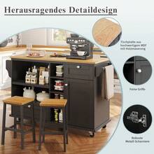 Dining Cart (129 X X 92), Modern And Simple Black, Kitchen Dining Cart With Drawers And Storage Cabinets, Light Brown Wood Countertop (Previous Sku: N620P19312829S) - Black + MDF - View 7