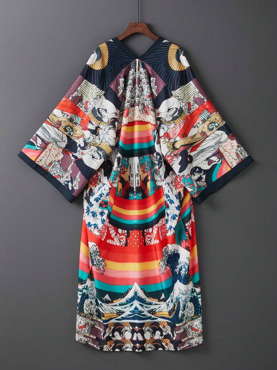 Loose Mid-Length Beach Cover Up, Robe, Kimono, Bohemian Long Dress, Bikini Cover-Up, Sun Protection Clothing, Summer