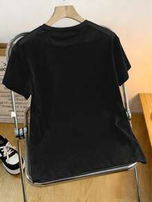 Summer Tops,Carnival Feather Print Short Sleeve T-Shirt – Casual Crew Neck, Women's Fashion,Graphic Tees Women - Black - View 2