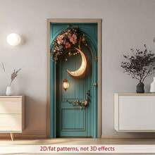 2D Polyester Ramadan Door Banner 1pc Exquisite Moon - Shaped Decor With Lantern And Floral Arrangement For Door Eid Al-Fitr Photo Props And Supplies, Suitable For Muslim Ramadan And Eid Al-Adha Celebrations, Islamic-Themed Holiday Decorations