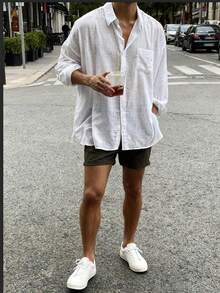 Men's Solid Color Long Sleeve Single-Breasted Pocket Loose Casual Shirt, Autumn - White - View 5