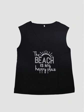 夏季V领字母印花蝙蝠袖休闲沙滩T恤