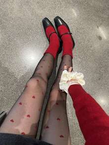 1 Pair Sexy & Romantic Red Heart Jacquard Pantyhose, Suitable For Daily Wear, Valentine's Day, Parties - Multicolor - View 1