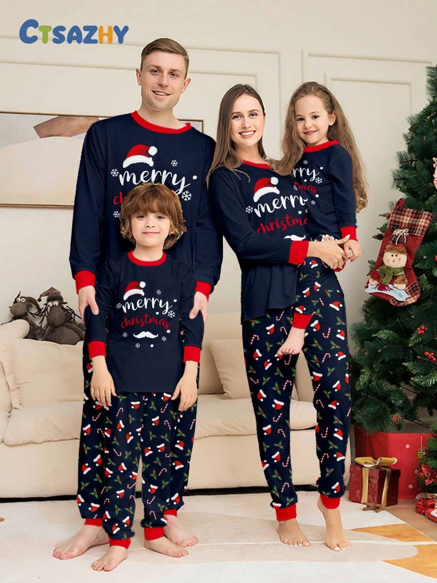 2pcs Christmas Pajama Set For Big Kids, Includes Santa Hat, Long Sleeve Round Neck Top And Floral Print Pants, Comfortable Fit For Autumn/Winter - Multicolor - View 1