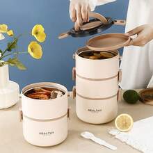 Set de fiambrera portátil isotérmica de 2,2 L para adultos, fiambrera bento apilable de acero inoxidable para comida caliente, contenedor térmico de 3 niveles, fiambrera bento de gran capacidad, acero inoxidable 304 - 2 niveles - Ver 3