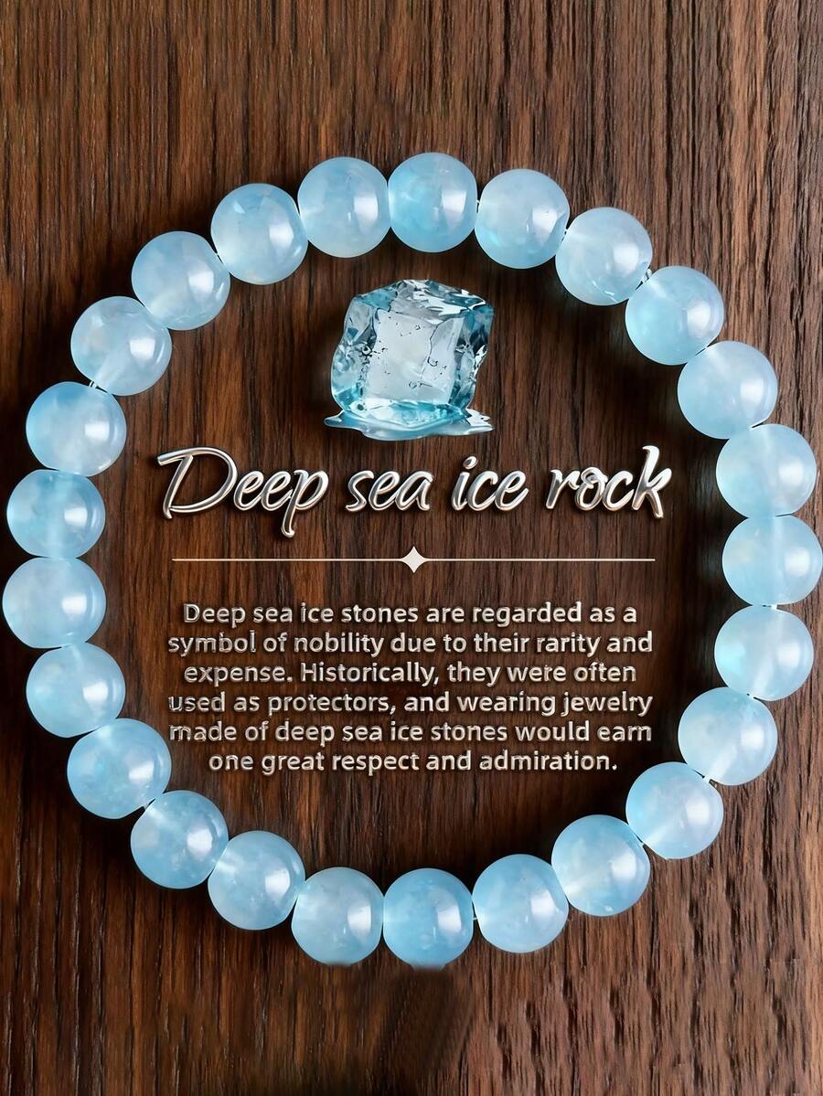 8毫米天然深海冰石手链 - 波西米亚风格宝石首饰，寓意吉祥的护身符，休闲穿搭，送给爱人的礼物 - 淺藍色 - 查看 1