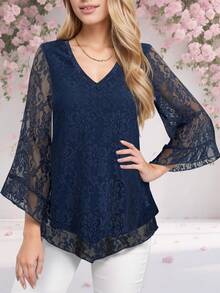 Áo kiểu nữ thanh lịch cổ chữ V hai lớp, chất liệu lưới co giãn, dáng suông, có bèo nhún, tay lỡ 3/4 kiểu chuông và thắt eo, thích hợp cho kỳ nghỉ xuân. - Màu xanh bụi bặm - Xem 3