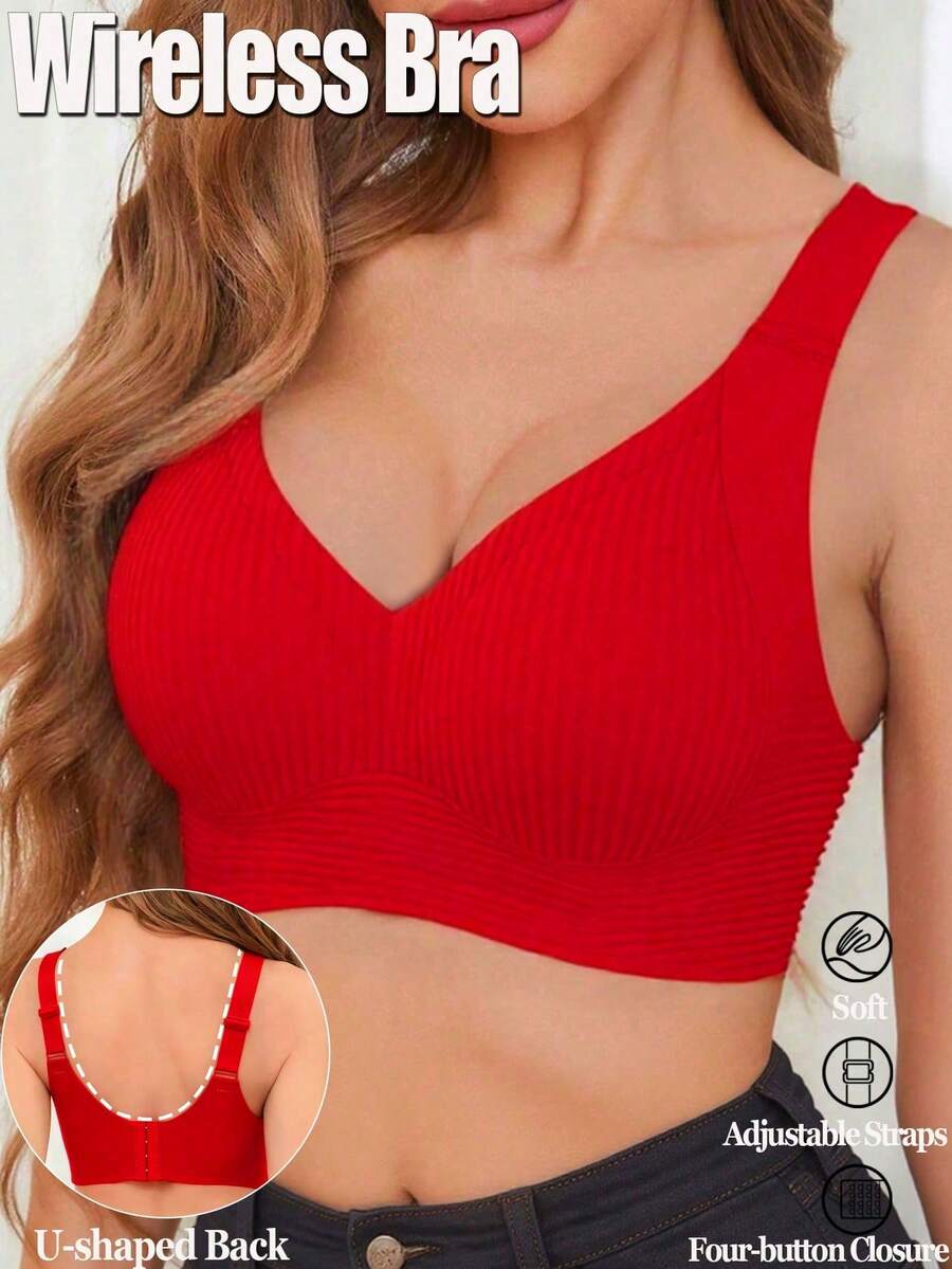 女士无缝聚拢文胸，无钢圈文胸，可拆卸衬垫文胸，圣诞文胸，舒适休闲提拉文胸 - 紅色 - 查看 1
