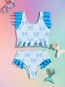 小女孩蝴蝶印花比基尼泳衣套装，浅蓝色 - 淺藍色 - 查看 2