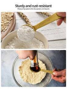 茶匙、汤匙量勺：不锈钢烘焙烹饪量勺套装（6 件），金属厨房量具，适用于干湿食材 - 金色 - 查看 2