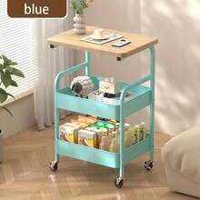 Three-Layer Wheel-Handled Trolley, Multi-Functional Metal Storage Rack, Mobile Trolley, Sturdy Steel Frame Design, Suitable For Kitchen, Living Room And Office Storage, Snack Storage Rack - 粉紅色置物架+淺胡桃木色面板 - 查看 2