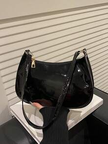 纯色简约拉链单肩包，时尚简约新月形包，拉链单肩包，人造革纯色钱包，酒红色内衣包，新年理想礼物，时尚酒红色内衣包 - 黑色 - 查看 2