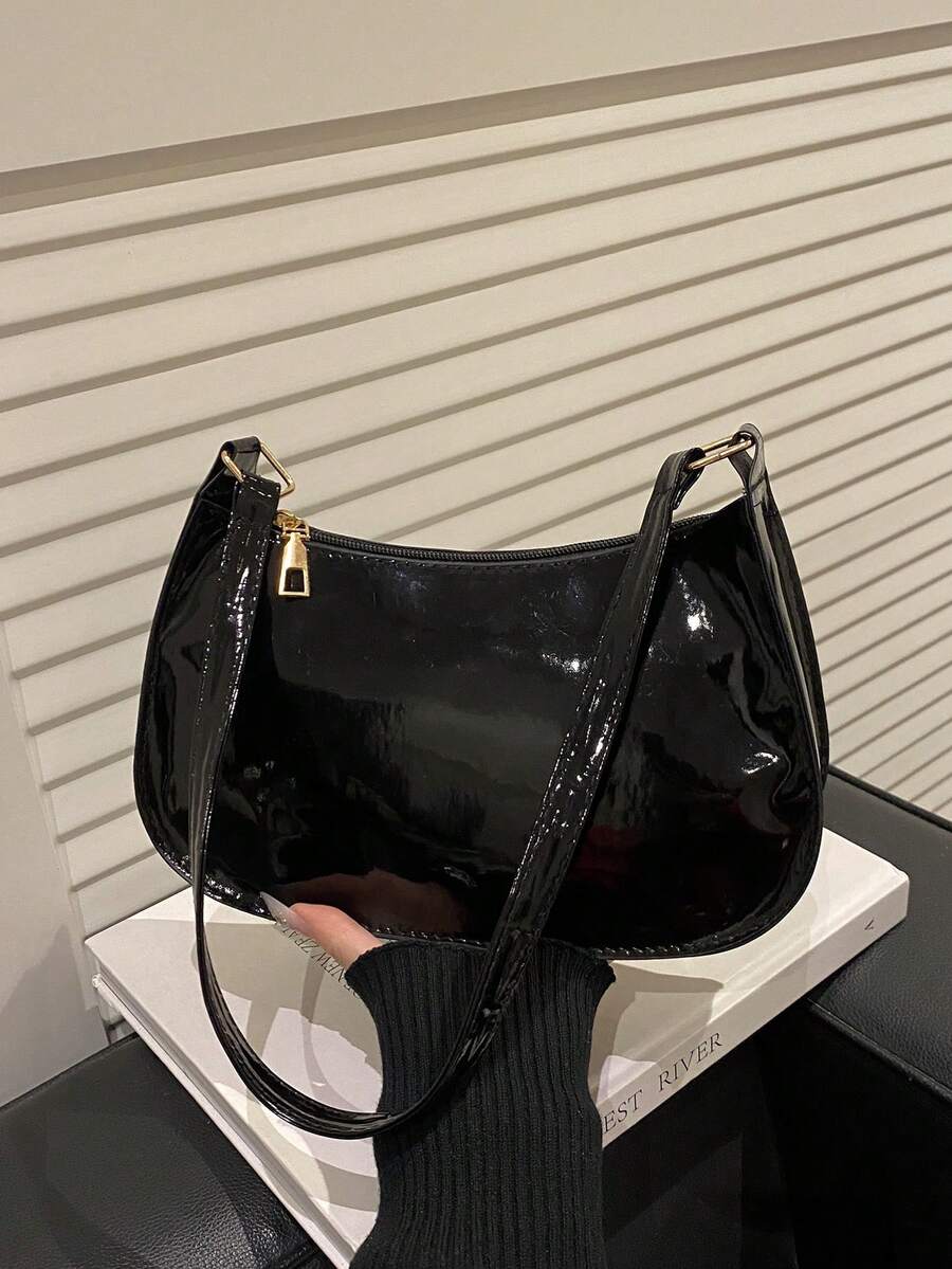 纯色简约拉链单肩包，时尚简约新月形包，拉链单肩包，人造革纯色钱包，酒红色内衣包，新年理想礼物，时尚酒红色内衣包