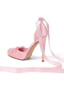 Red Ballet Shoes Bow Dress Party Square Toe Women Satin Ballerina Stiletto High Heel Mary Jane Pumps Lace Up Wedding Sexy Elegant Pumps - 粉色 - 查看 7