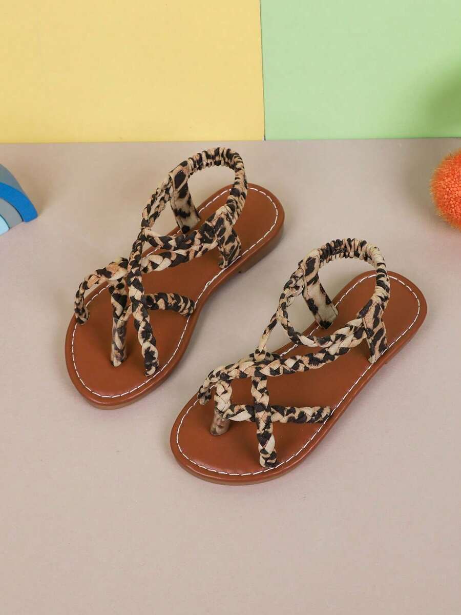 1 Pair Girls Leopard Print PU Non-Slip Round Toe Flat Casual Cute Princess Sandals, Suitable For Summer
