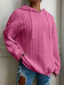 Plus Size Women Loose Casual Solid Color Jacquard Knit Long Sleeve Sweatshirt Spring - Rose Red - 1 - View 5