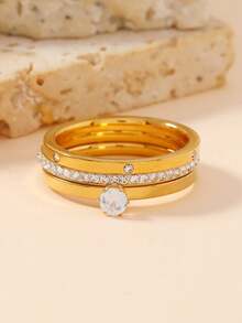 3pcs/Set Fashionable Luxury Delicate Stainless Steel Rhinestone & Cubic Zirconia Rings Set, Suitable For Teenagers Daily Wear And Gift - Ring - View 5