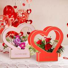 2 Pcs Heart Shaped Handheld Flower Box Folding Paper Flower Bouquet Wrapping Basket Flower Packaging Gift Box For Valentine's Day Floral Arrangement Wedding Mother's Day - Multicolor - View 1