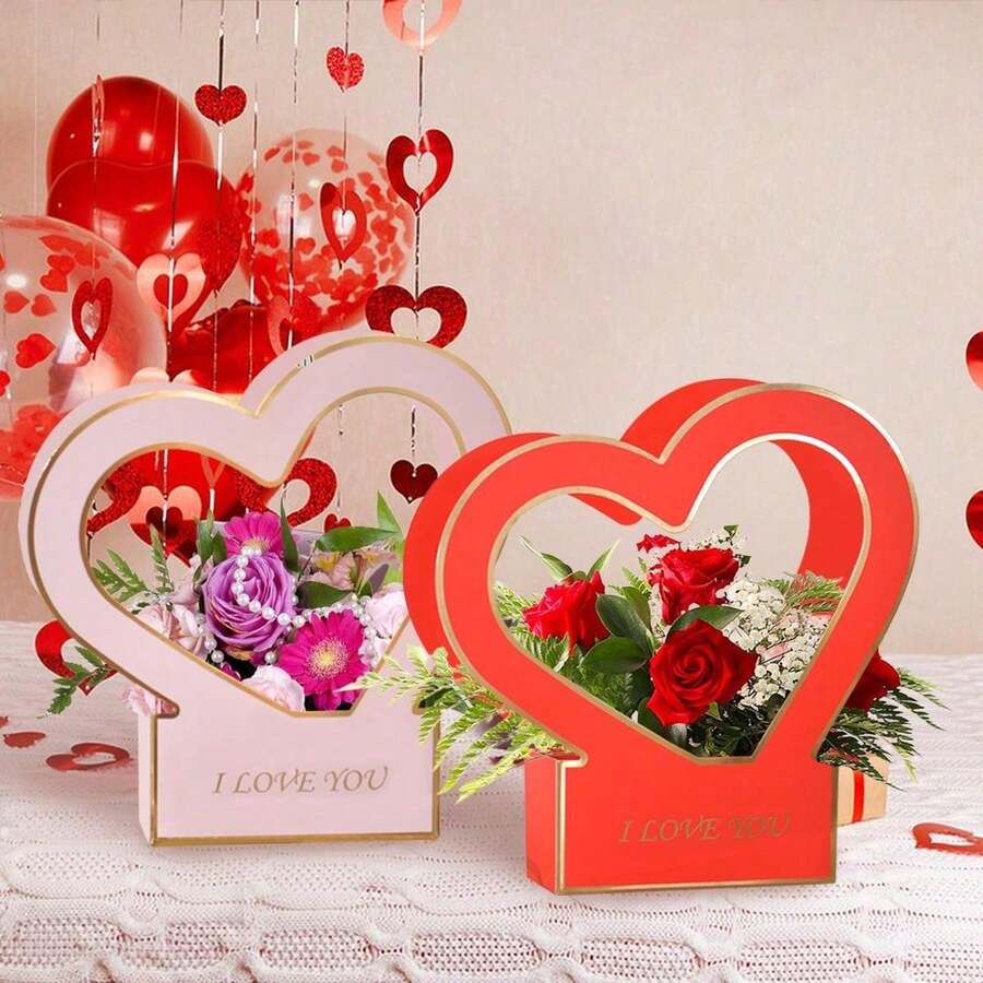 2 Pcs Heart Shaped Handheld Flower Box Folding Paper Flower Bouquet Wrapping Basket Flower Packaging Gift Box For Valentine's Day Floral Arrangement Wedding Mother's Day - Multicolor - View 1