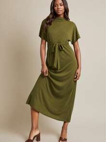 Maternity Elegant Casual Solid Color Knit Fabric Belt Short Sleeve Formal Evening Dress, Spring/Summer - Army Green - View 5