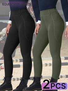 2 piezas Pantalones de montar de cintura alta con control de abdomen, transpirables para mujer. Pantalones de montar con bolsillos, agarre de silicona, secado rápido, elásticos y cómodos con ajuste ceñido, aptos para equitación, deportes al aire libre