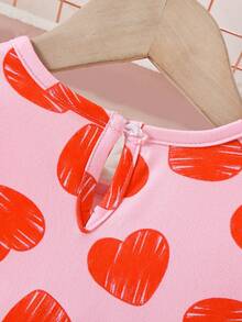 Young Girl's Casual School Style Cute Heart Print Round Neck Puff Sleeve A-Line Dress, Spring/Summer/Autumn - Pink - View 6