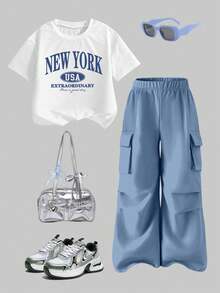 Tween Girls' Casual Fashion Street Style Letter Print Dropped Shoulder Loose White T-Shirt And Pleated Pocket Cargo Pants Set, Spring/Summer/Autumn - White - View 1