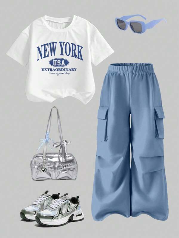 Tween Girls' Casual Fashion Street Style Letter Print Dropped Shoulder Loose White T-Shirt And Pleated Pocket Cargo Pants Set, Spring/Summer/Autumn