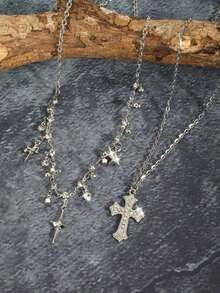 2件套水钻星星十字架流苏项链，闪亮锆石高端独特哥特式颈链，Y2K风格
