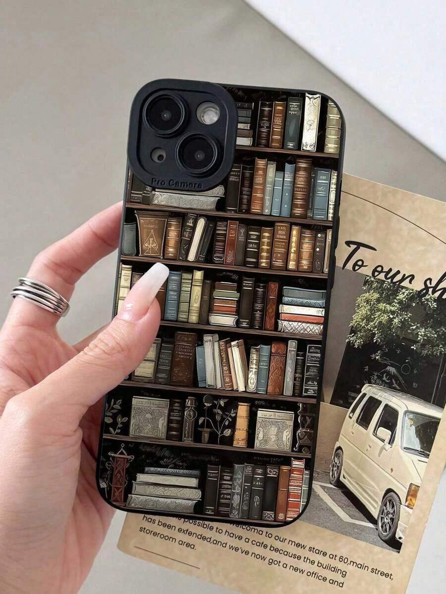 1pc Vintage Bookshelf Pattern Faux Leather Phone Case, Black Cat Eye Full Coverage Soft Shell Compatible With IPhone 11/12/13/14/15/16 Pro Max - Black - View 1