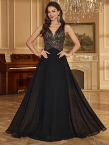 UNITHORSE [Random Cut] Women's V-Neck Gradient Sequin Chiffon Waist-Cinched Solid Color Elegant Party Dress, Wedding Dress, Evening Gown - 黑色 - 查看 6