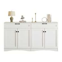 Meuble de Rangement 160x40x85 cm - Buffet de Salon avec 2 Tiroirs - Table d'Appoint au Design Courbé et Poignée Noire - 2 Grands Compartiments Fermés - 7 Espaces de Rangement au Total - Blanc - Voir 10