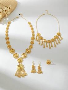 18K镀金奢华复古女士首饰套装，优雅方形设计，包含项链、耳环、手链和戒指，适合尼日利亚、迪拜、中东、沙特阿拉伯等地佩戴，可用于新娘婚礼、日常佩戴、周年纪念礼物和万圣节礼物。 - PSJT-342 - 查看 5