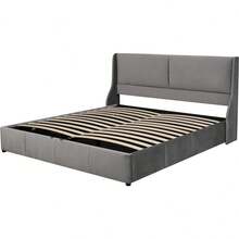 Upholstered Bed, Ear-Shaped, Cushion Top, Double Bed, Hydraulic Functional Bed, 160 X 200, Grey