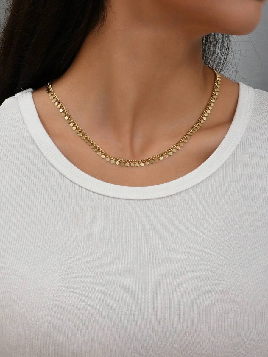 1件简约时尚百搭项链，镀金圆形吊坠项链，适合日常佩戴或作为礼物 - 金色 - 查看 1