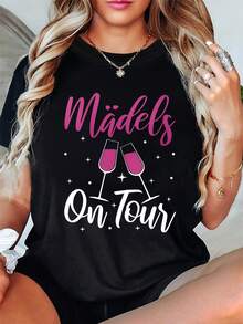 Chicas alemanas en gira "Feliz viaje de amigas" Camiseta de cuello redondo para mujeres con estampado de letras, ambiente acogedor y de ocio, primavera y verano - Negro - Ver 6