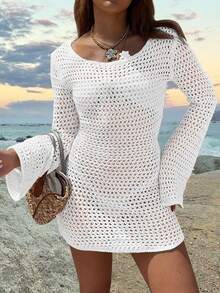 Đầm croptop hở lưng tay dài hở lưng gợi cảm màu trơn cho nữ, thích hợp cho kỳ nghỉ ở bãi biển, mùa xuân/hè - trắng - Xem 8