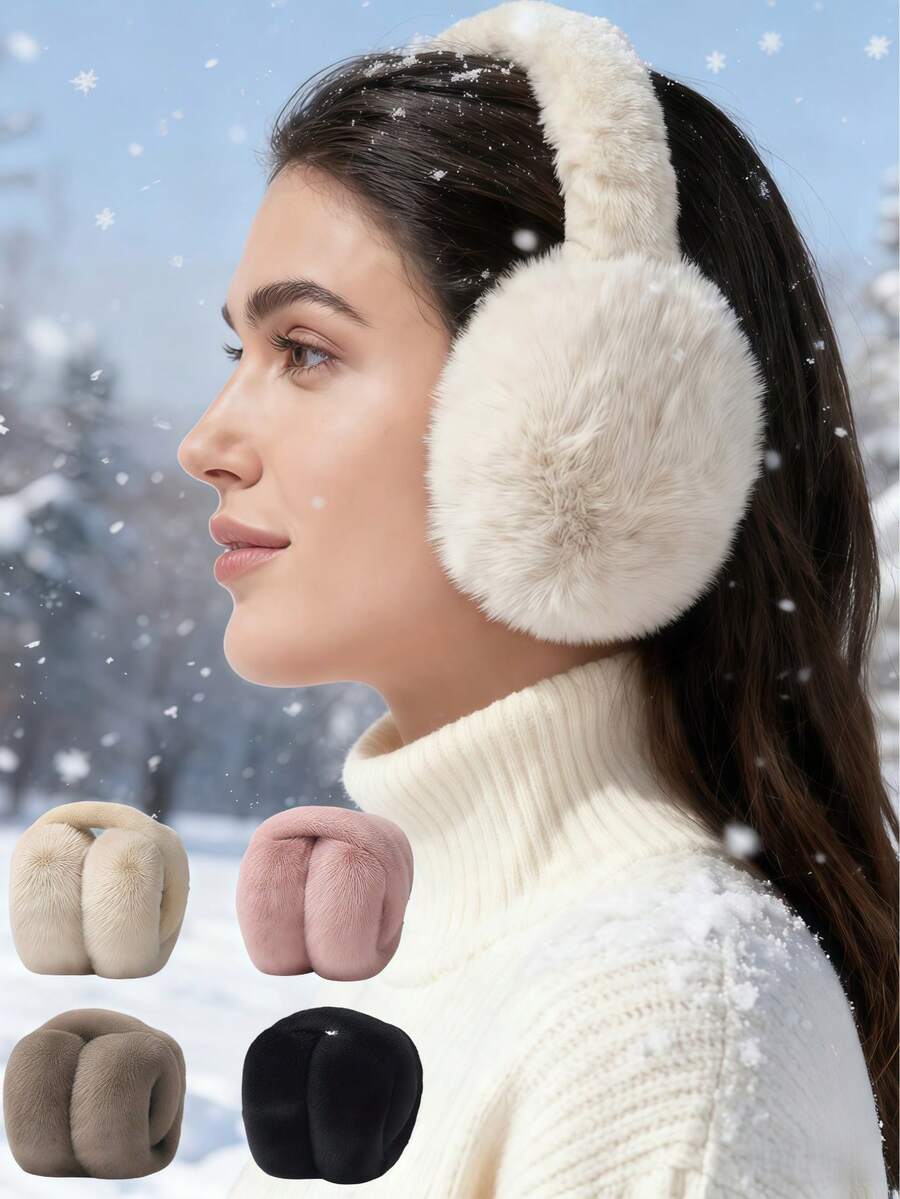 1个女士保暖耳罩，时尚蓬松防冻耳罩，可折叠冬季白色耳罩 - 彩色 - 查看 1
