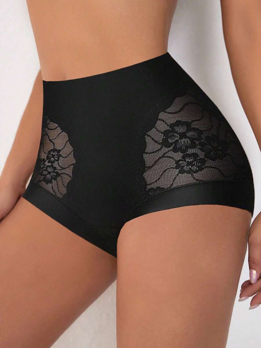 High Waist Lace Seamless Slimming Shaping Tummy Control Panties For Women - Black - View 1