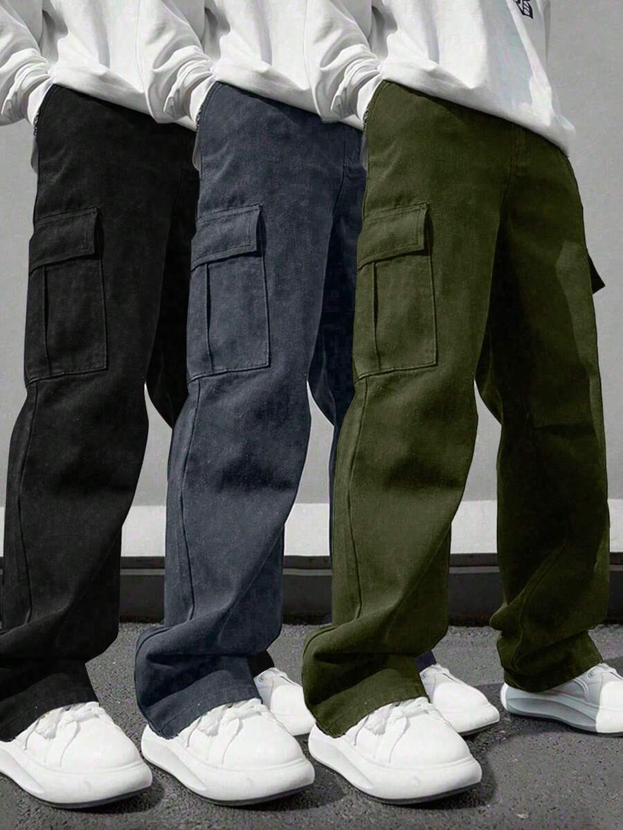 3件裝青少年男孩休閒街頭風簡約運動戶外工裝長褲,春秋款 - 彩色 - 查看 1