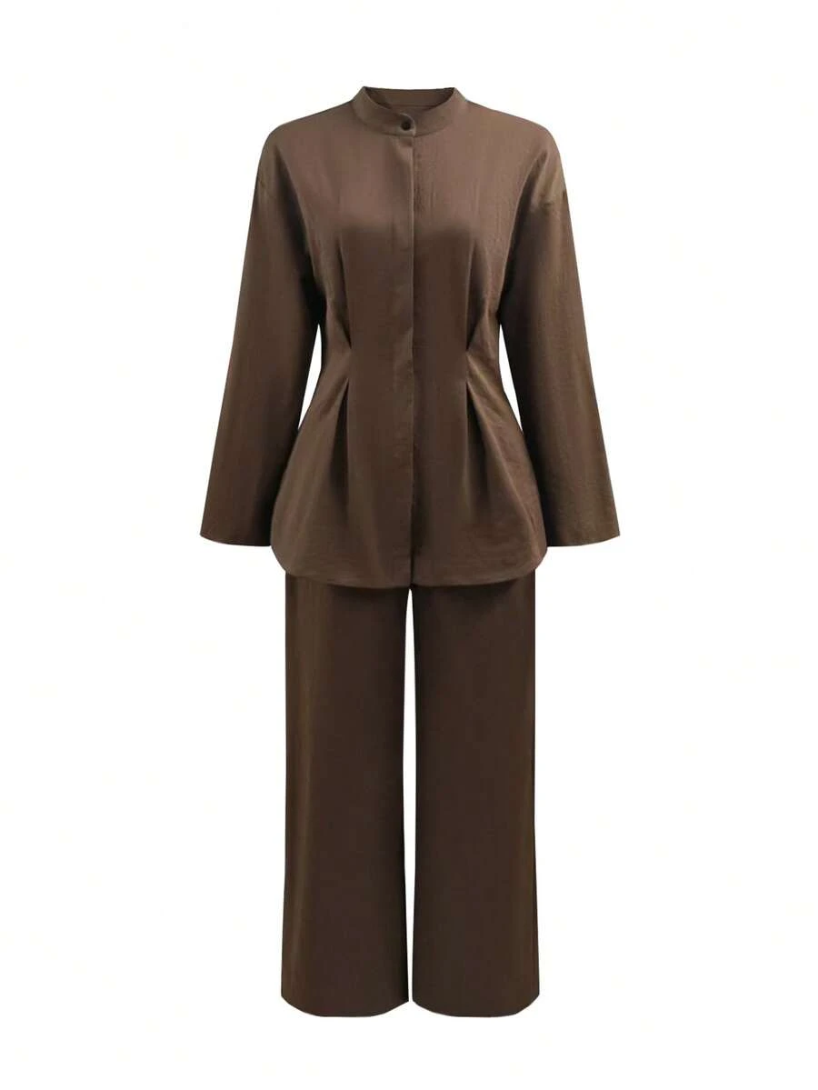 SMILE CHIC 棕色休闲褶皱开叉下摆收腰衬衫和裤子两件套，显瘦修身，适合约会和日常穿着，秋冬 - 棕色 - 查看 1