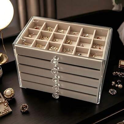 Hộp đựng trang sức Acrylic 5 tầng 54 ô, Hộp đựng trang sức trong suốt, Hộp đựng trang sức ngăn kéo nhung, Hộp đựng trang sức dung tích lớn 54 ô, Thích hợp cho gia đình và du lịch, Thiết kế ngăn kéo đệm mềm chống phai màu, Hộp trưng bày phụ kiện nữ, Hộp đựng trang sức nhiều ngăn kéo