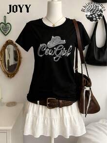 DEAR MOLLY Vibrant Cowgirl Pattern Short Sleeve T-Shirt, Loose Fit Casual Tops, Brilliant Diamond Bling Bling, Suitable For Holiday, Party, Gift, All Season - Black - View 1