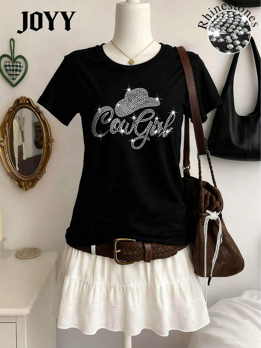 DEAR MOLLY Vibrant Cowgirl Pattern Short Sleeve T-Shirt, Loose Fit Casual Tops, Brilliant Diamond Bling Bling, Suitable For Holiday, Party, Gift, All Season - Black - View 1